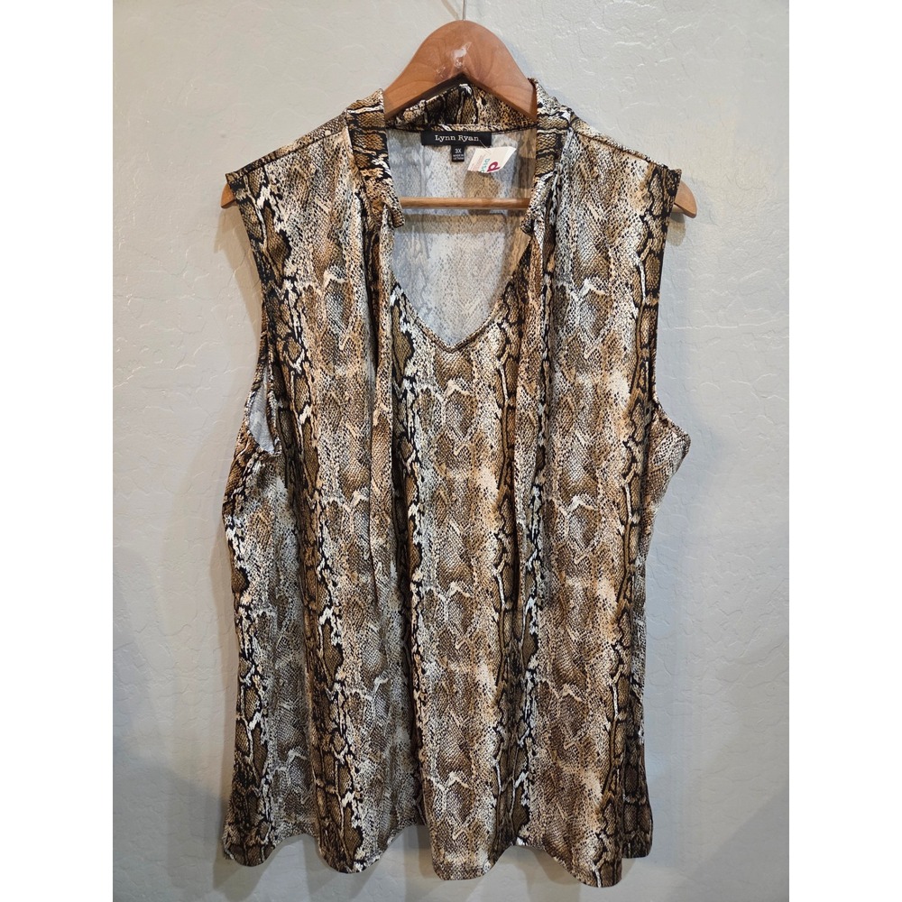 Lynn Ryan Snakeskin Print Sleeveless V-Neck Mock Neck Top Brown Tan 3XL Blouse